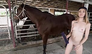 horsing around with skinny teen kristy may & a big black horse dildo Featuring Kristy May
