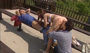 sveta gets a threesome in the open air cinema Featuring Sveta